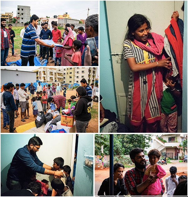distributing clothes in slums in Bangalore