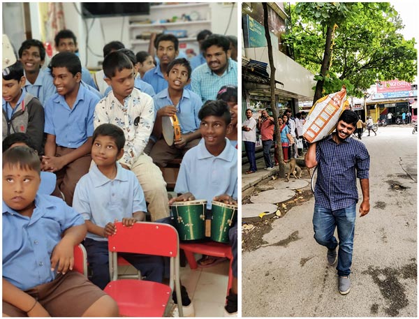 Donating rice, eggs and newspapers to a school for differently abled children