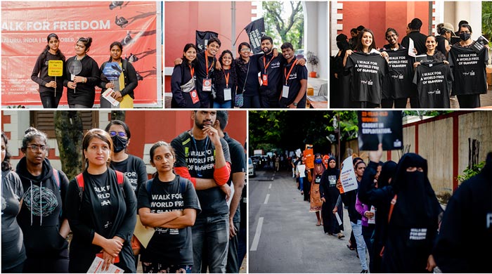 Photos of people taking part in the walk for freedom with t-shirts